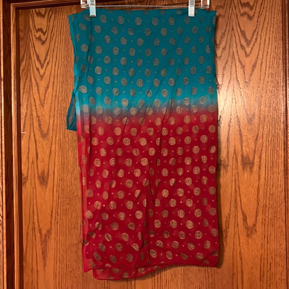 Scarf-maroon/red, turquoise‎ and gold scarf